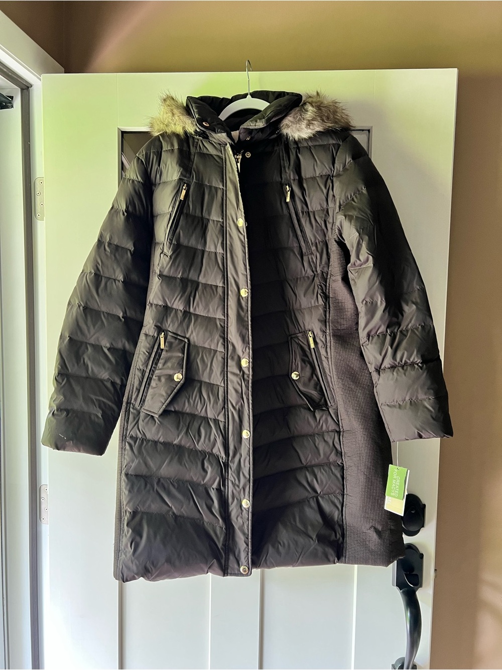 Michael Kors Long Hooded Puffer Coat with Faux Fur Trim - Brown
